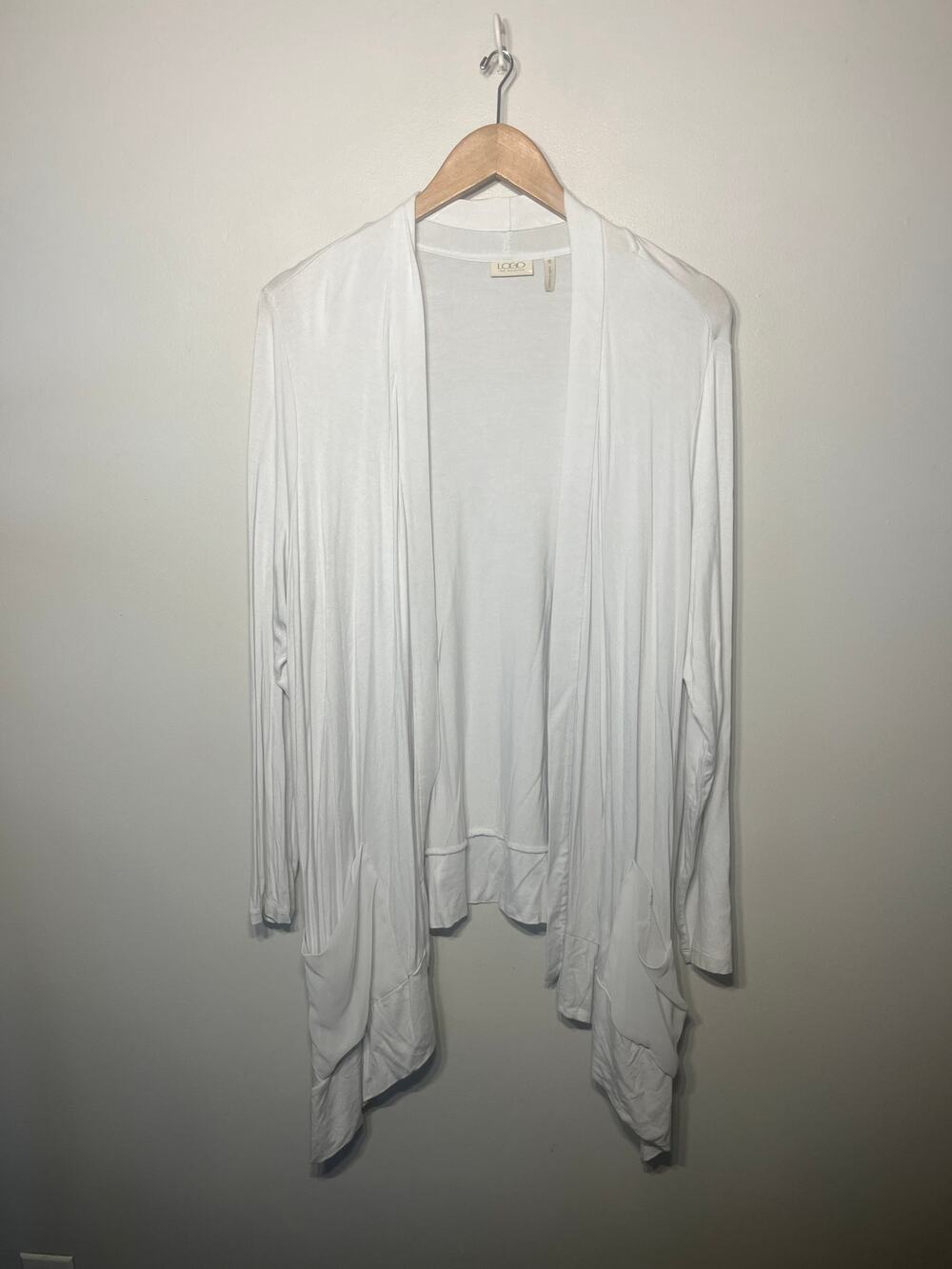 LOGO Cardigan White Open Front Knit Sheer Pocket Drapey Asymmetrical Hem 1X